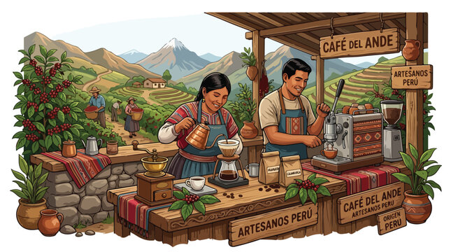 Traditional Peruvian coffee culture illustration featuring local farmers and baristas preparing fresh brew in the Andes mountains with plantation background