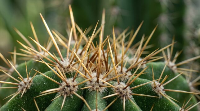 Extreme Macro of Golden Cactus Spines and Areoles Close-Up, Desert Plant Botanical Detail