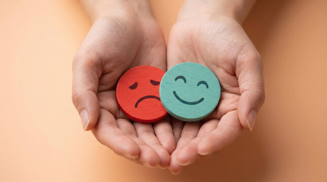 Person holding happy and sad face icons for mental health