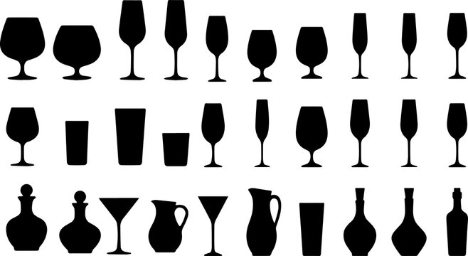 Minimalist vector illustration featuring a curated collection of drinking glasses, bottles, decanters, and barware rendered as solid black silhouettes.