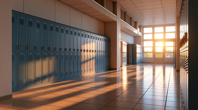 Blue Locker Corridor in Modern School Building with Golden Afternoon Shadows