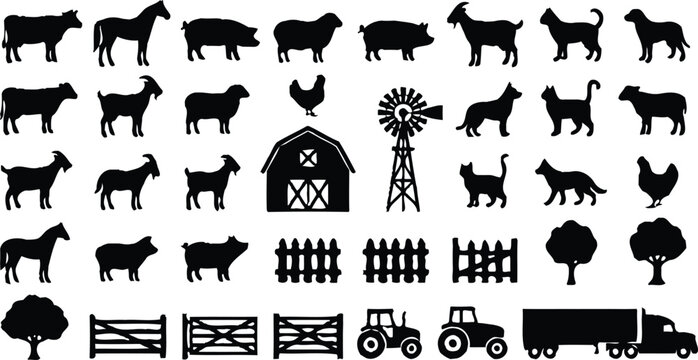 Set of farm animal silhouettes including horses sheep goats and tractor icons for rustic design projects