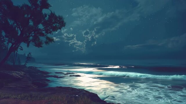 Ocean waves crash ashore under moonlit sky with gentle tree silhouette motion