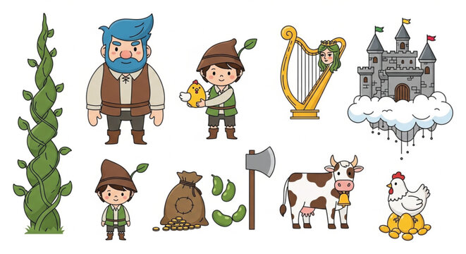 Jack and the beanstalk vector clipart set with cute fairytale characters giant and golden harp on white background