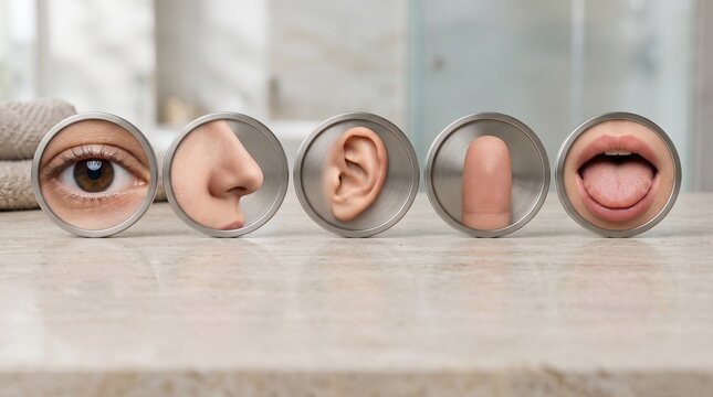 Five human senses represented by eye nose ear finger and tongue icons arranged in a row on a polished marble countertop surface for medical