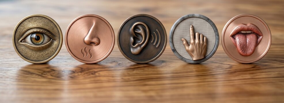 Five human senses represented by metallic sculptural coins arranged in a row on a polished wooden surface for sensory perception