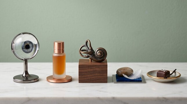 Five senses conceptual display featuring human eye model fragrance bottle inner ear sculpture stone with feather and chocolate on a marble surface