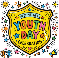 Obraz premium Youth Day Badge Yellow Shield Cartoon Sticker June 16 Celebration Doodle Clipart Colorful Stars Kids