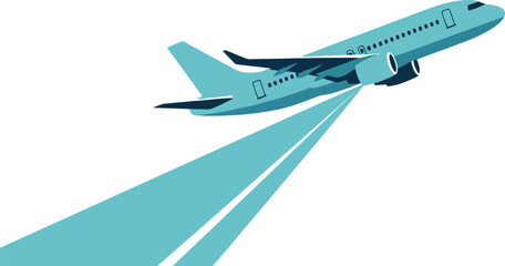 Airplane Flat Vector Illustration of a Blue Jet Crossing a Diagonal Runway with Copy Space © MD