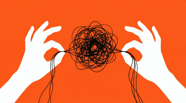 Hands untangling complex knot concept on orange background