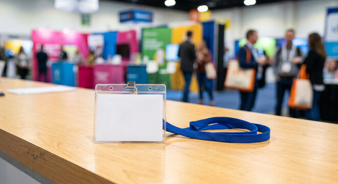 Blank white conference badge with blue lanyard on wooden table at blurred exhibition hall