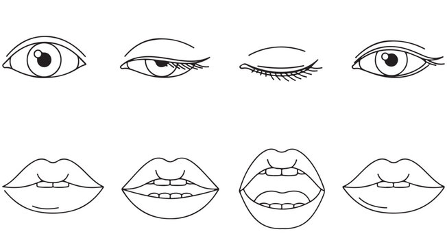 Minimalist line art vector set of human eyes and mouths showing different facial expressions for character design and emotion icons