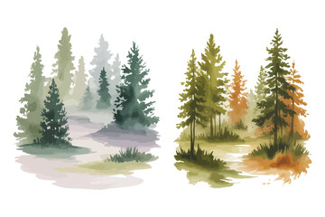 Obraz premium Watercolor Forest Landscape Background, Misty Pine Trees Nature Scene, vector illustration isolated on white background