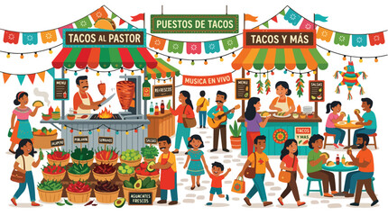 Naklejka premium Vibrant Mexican street food market scene with taco stalls, people eating, live music, and colorful decorations like papel picado and a festive piñata
