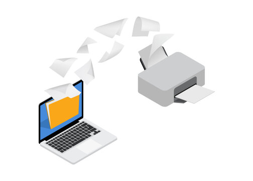 wireless data printing concept illustration from laptop to printer
