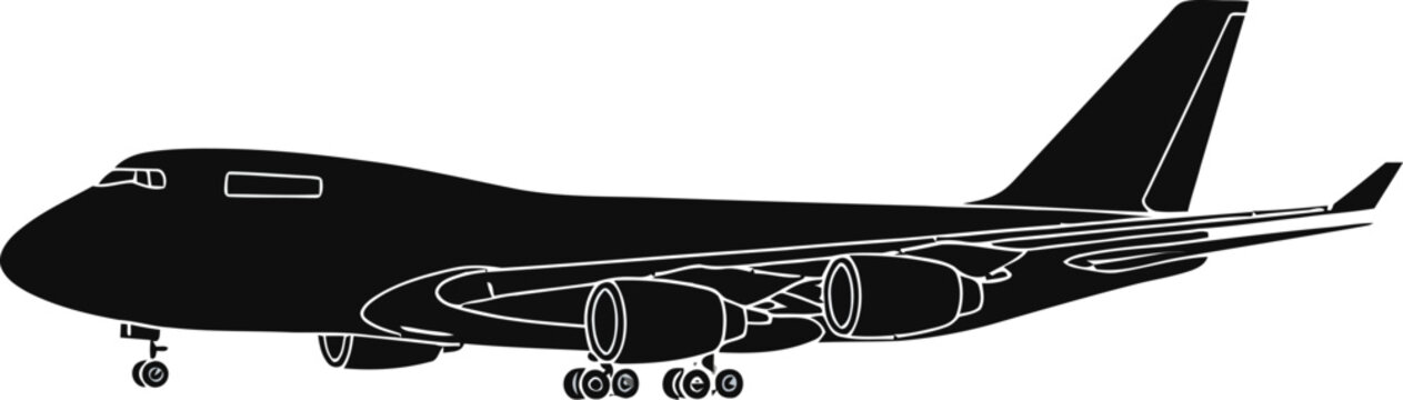 Airplane Silhouette with Jet Engines and Landing Gear on Flat Vector Graphic Background with Copy Space
