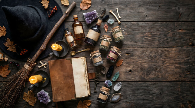 Witchcraft supplies including a rustic leather spell book with glass potion bottles candles and a broomstick arranged on a dark wooden table in soft light