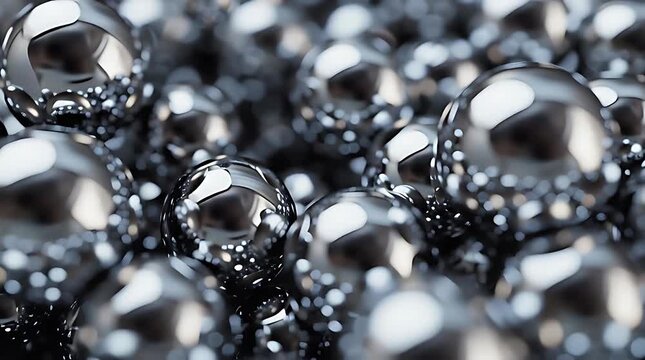 Close up macro view of many polished chrome steel ball bearings stacked together.