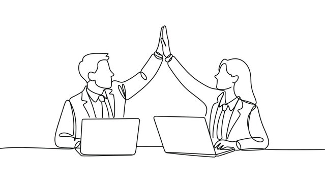 Business team high five laptops