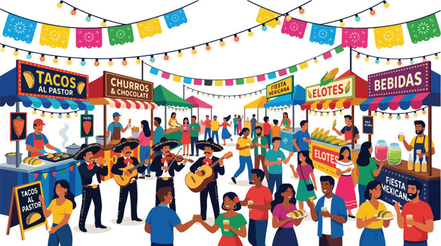 Vibrant Mexican street market scene with food stalls mariachi band and people enjoying a festive celebration with traditional snacks and decorations