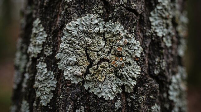 Foliose Lichen with Orange Apothecia Growing on Tree Bark, Macro Nature Ecology Close-Up