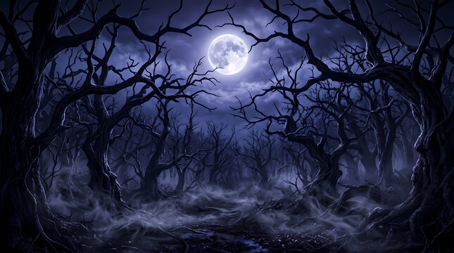 Twisted dark leafless trees stand within a mysterious foggy forest landscape illuminated by a brilliant full moon glowing brightly in the deep blue night sky atmosphere