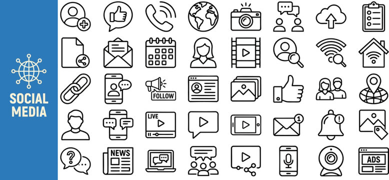 Social Media and Online Network outline icon set. Featuring like, share, comment, hashtag, and follower symbols. Editable stroke vector icons for marketing campaign and content platform.