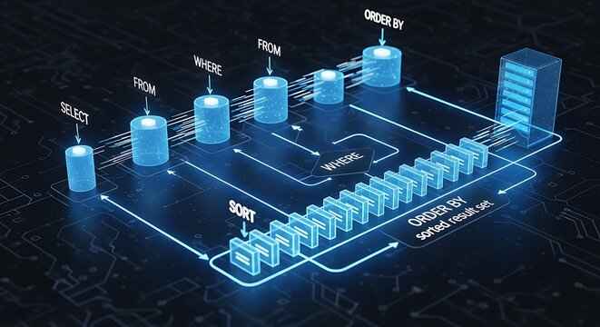 Abstract visualization of a SQL database query execution plan showing data flow through select, from, where, order by, and sort operations.