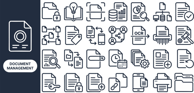Document Management and Organization outline icon set. Featuring folder, archive, search, sync, and stamp symbols. Editable stroke vector icons for office software and paperwork system.