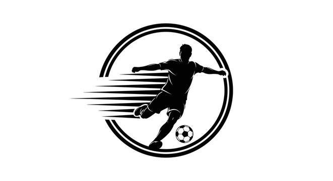 Dynamic Soccer Player Kicking Football in Circular Frame on Isolated White Background