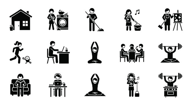 Diverse People Engaged in Creative, Fitness, and Leisure Activities, Black and White Icons