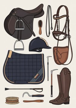 Equestrian Gear Collection Horse Riding Equipment Flat Lay.