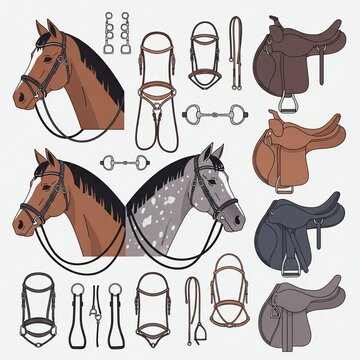Equestrian Horse Tack and Saddles Collection with Bridles and Bits.