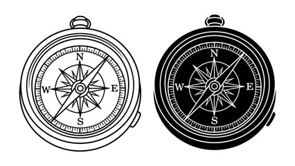 Dual Compass Icons: A duo of navigational compasses, one rendered in clean outline and the other as a bold silhouette, symbolize direction and exploration, perfect for travel or adventure themes. © Murshida