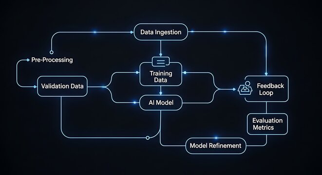 A detailed flowchart illustrating the end-to-end process of an AI model development and machine learning pipeline, from data ingestion to model refinement and feedback loops.