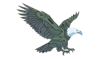 Fototapeta premium Geometric eagle, stained glass bird, green and gray wings, white head isolated on White Background
