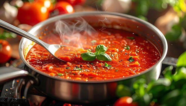 A steaming pot of red sauce with herbs on a stovetop