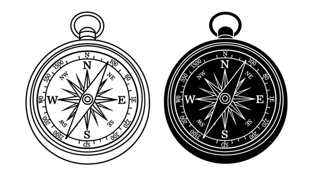 Antique Compass Icons: A pair of vintage compass icons, one in outline and the other in black, represent direction, exploration, and navigation.