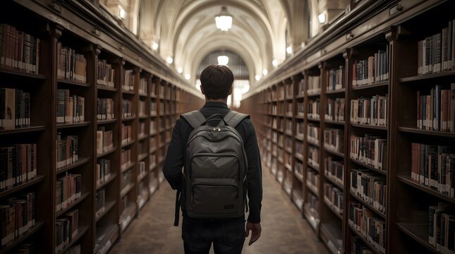 Student Exploring University Library with Bookshelves and Architectural Details.