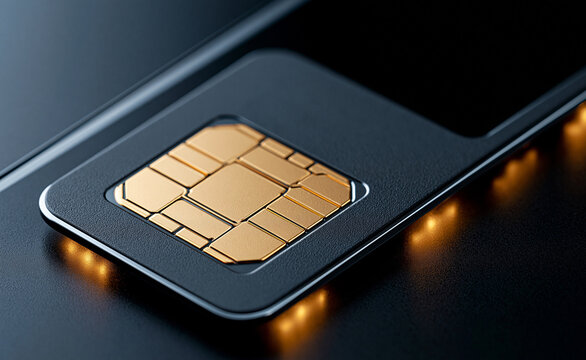 Detailed close-up of a golden micro sim card chip sitting inside its tray holder