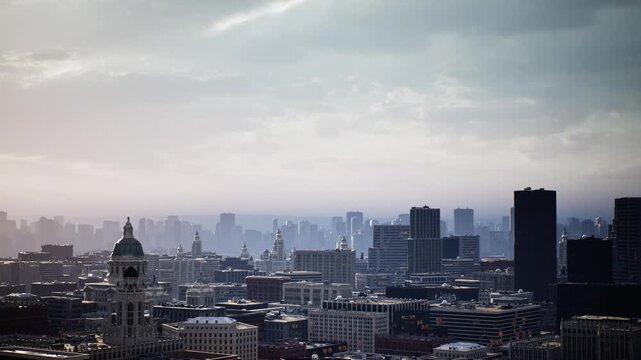 hazy morning over historic downtown skyline, soft pastel light bathes domed landmark and layered towers, distant haze blurs streets and rooftops producing