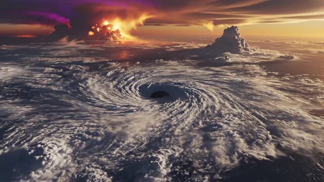 Hurricane forms over ocean with mountain in distance under fiery sky