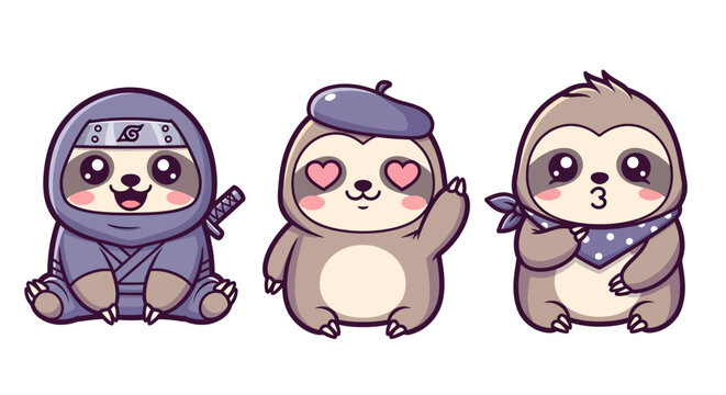 Cute Sloth Characters in Costumes and Poses.