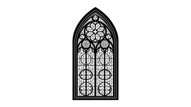 Gothic Window Arch: A detailed illustration of a black gothic window arch featuring intricate geometric patterns and ornate tracery, evoking historical grandeur and architectural artistry.