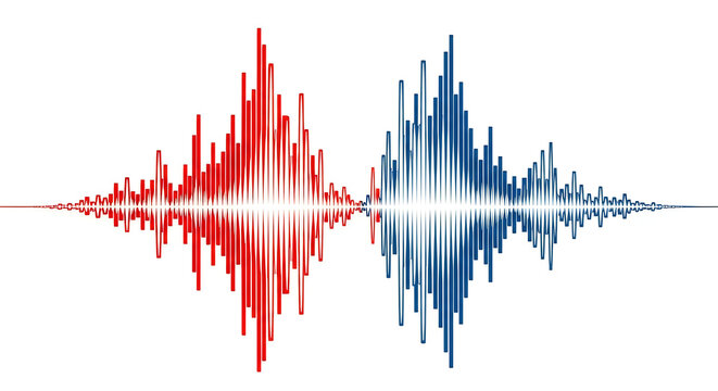 Sound wave, audio signal, red and blue, waveform, music equalizer isolated on White Background 4th july,indipendent day of America