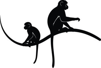 Silhouette of mother and baby monkey sitting on curved tree branch isolated on white background wildlife illustration concept design © MdAnowerHossain