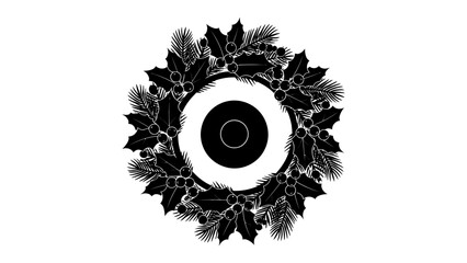 Festive Wreath with Ring Motif: A striking black and white illustration of a Christmas wreath, adorned with holly leaves and pine needles, encircles a minimalist circular motif. © Murshida