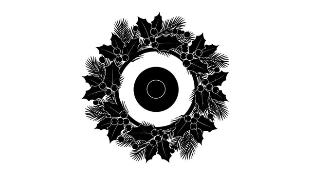 Festive Wreath with Ring Motif: A striking black and white illustration of a Christmas wreath, adorned with holly leaves and pine needles, encircles a minimalist circular motif.