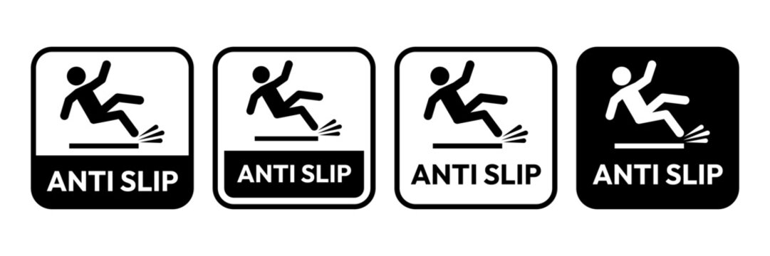 Anti slip icon set, label, logo, badge, sign, symbol, banner, sticker, stamp, emblem, line, black, flat vector, isolated illustration on white background. Non slip product label commerce business.