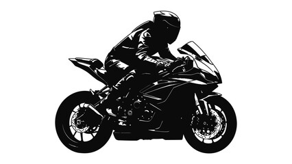 Silhouette of a Racer: A dynamic black silhouette captures a motorcycle racer in full gear, leaning into a turn on a powerful sportbike, embodying speed and adrenaline. © Murshida